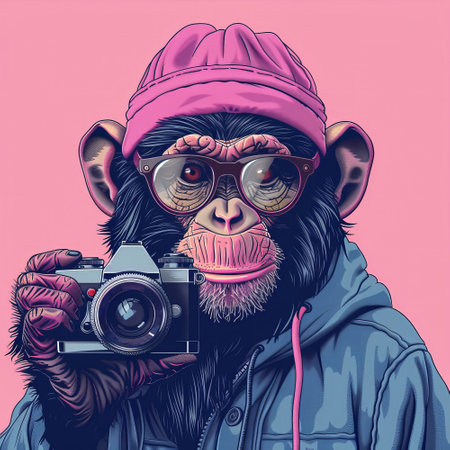 A monkey dressed in a pink beanie and glasses holds a camera, exuding a playful and quirky vibe against a bright pink background. The scene captures a fun and whimsical atmosphere..の素材