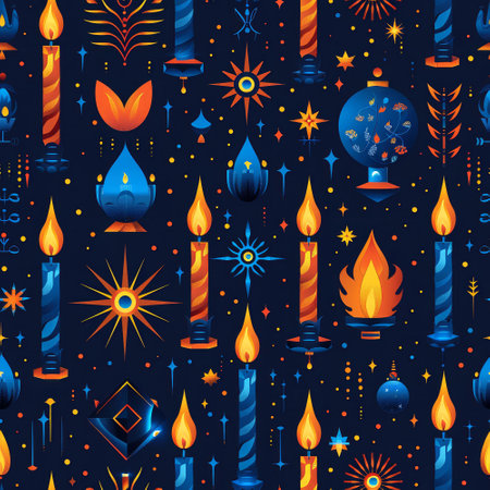 A vibrant pattern featuring various of candles and flames, set against a deep blue background. The design incorporates decorative elements like stars and shapes, creating a festive atmosphere..の素材