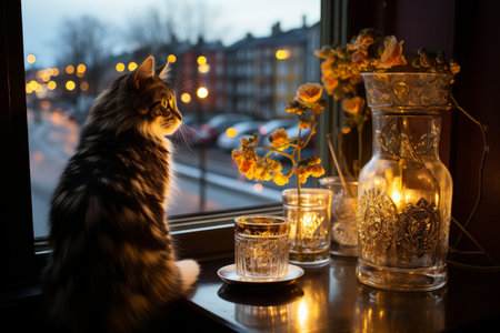 A cat with bright eyes gazes at the moon through a window on a serene night. Soft moonlight fills the room, casting a gentle glow on the feline, enhancing the peaceful atmosphere..の素材