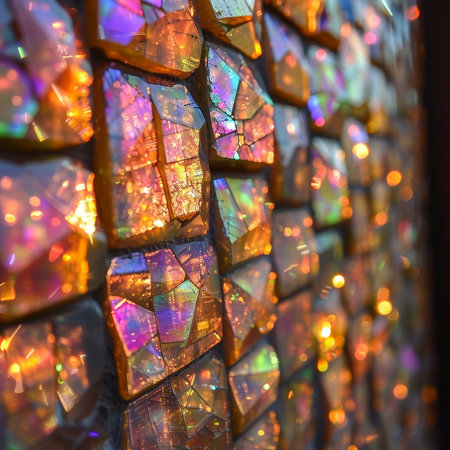 A close-up view of a mosaic wall made of shimmering tiles, reflecting a spectrum of colors in warm sunlight, creating a vibrant and eye-catching display of artistry and craftsmanship..の素材