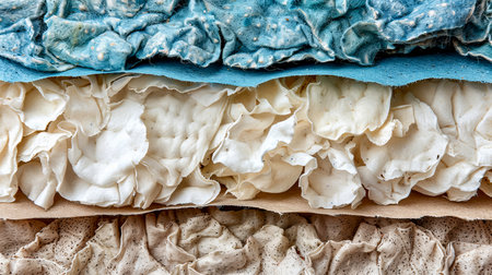 A close-up view of various textured materials stacked in a workshop, highlighting intricate details and craftsmanship. Each layer features unique colors and patterns that reflect quality handiwork..の素材