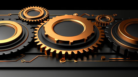 A detailed arrangement of interlocking gears showcases a sophisticated design. The metallic elements shine against the black background, creating a striking visual effect of precision and machinery..の素材