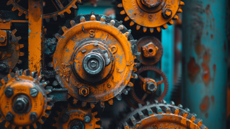 Rusty orange gears are displayed prominently in a mechanical setting, showcasing intricate details and textures in an industrial workshop. The equipment appears aged, displaying signs of wear..の素材