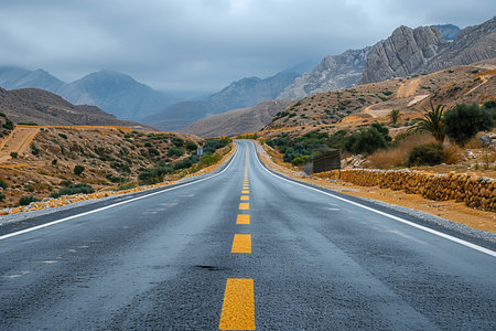A long, winding road stretches through dramatic mountainous landscapes under a cloudy sky. The surroundings feature dry terrain with scattered greenery, creating a serene yet captivating view..の素材