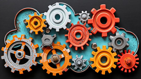 A vibrant arrangement of various metal gears in orange, red, white, and gray sits on a black slate background..の素材