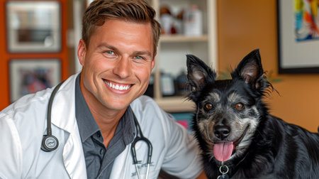 A veterinarian smiles warmly while sitting next to an excited dog in a brightly colored clinic, showcasing a friendly atmosphere conducive to pet care and comfort..の素材