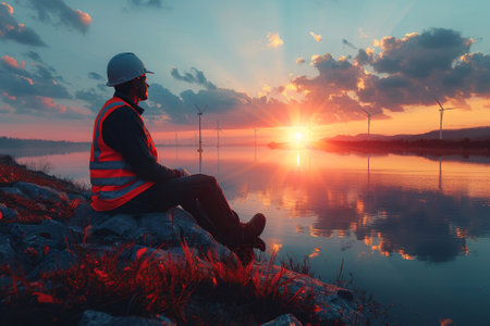 A worker in safety gear sits on a rock by the river, gazing at a vibrant sunset. Wind turbines dot the landscape, adding to the tranquil ambiance of the serene evening..の素材