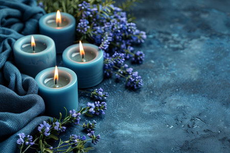 Four blue candles burn softly, arranged near fresh lavender blooms on a textured dark blue surface. The scene evokes a calming atmosphere, perfect for relaxation or meditation. Copy space.の素材