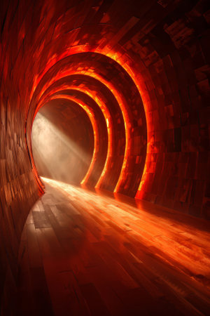 A tunnel striking displays warm, glowing hues as light streams through its curved structure. The wooden panels reflect the light, creating a serene atmosphere ideal for exploration..の素材