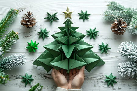 A pair of hands holds a beautifully crafted green origami Christmas tree surrounded by decorative stars and pinecones. The arrangement is set atop a rustic white wooden surface..の素材