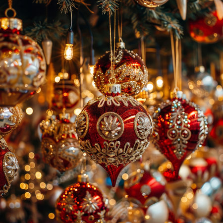 Sparkling red and gold ornaments adorn a Christmas tree, reflecting golden lights and creating a warm, festive December atmosphere for celebrating the holiday season..の素材