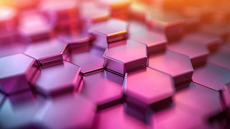 A close-up view showcases vibrant hexagonal shapes with a shiny surface, reflecting light in shades of pink and purple..の素材