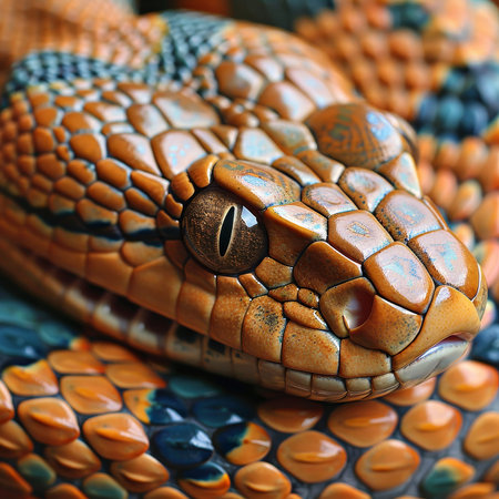 A vividly colored snake lies comfortably on a textured surface, showcasing intricate patterns and hues under soft lighting. Its eye reflects curiosity in a tranquil environment..の素材