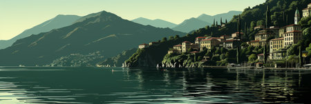 This is a stunning scenic view of a beautiful lake with crystal-clear water and lush green mountains in the background. The sky is a clear blue with white wispy clouds.の素材