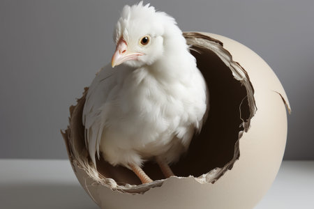 A small white bird peeks out from a large, cracked eggshell, showing its soft feathers and curious expression. The serene environment highlights the moment of new life and beginnings..の素材