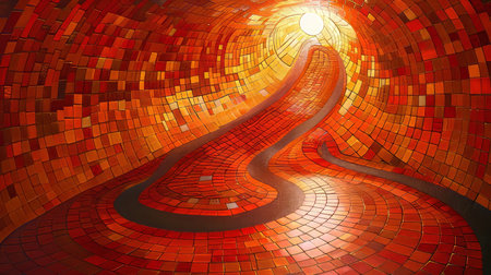 A beautiful pathway of colorful mosaic tiles curves gently, illuminated by bright sunlight. The warm hues create a captivating atmosphere, inviting exploration along the artistic route..の素材