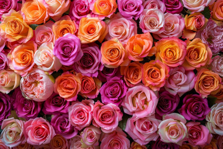 An array of roses in bright shades of pink, orange, and cream is beautifully arranged, creating a lush and vibrant floral display that exudes elegance and natural beauty..の素材