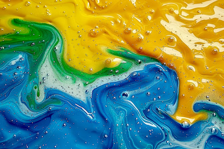 Colorful swirls of blue, green, and yellow paint create a mesmerizing abstract pattern, showcasing the interaction of the colors and bubbles on a smooth surface, evoking a sense of creativity..の素材