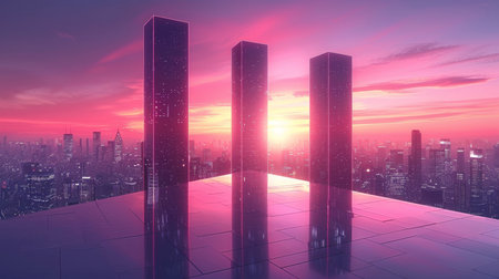 Three towering structures stand tall against a stunning sunset, reflecting light and color in a futuristic city..の素材