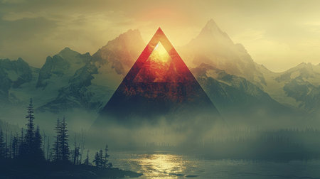 A large pyramid rises amidst misty mountains, glowing in the warm light of sunrise. The scene captures a blend of nature and intriguing geometry, creating a serene and enigmatic atmosphere..の素材