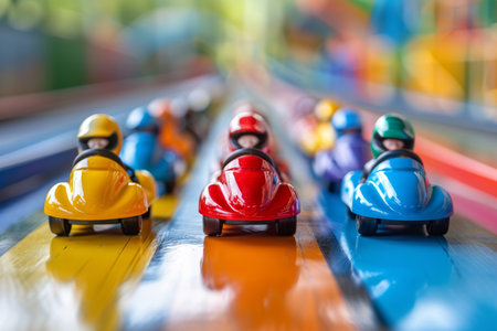 A thrilling race features bright toy cars in various colors zooming down a multicolored track. Enthusiastic miniature drivers are ready for action, creating a lively atmosphere for kids..の素材