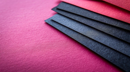 Colorful strips of black, red, and other paper are neatly arranged on a bright pink background, showcasing their textured surfaces and inviting ideas for various artistic and craft projects..の素材