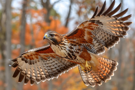 A hawk soars gracefully above a forest, its wings spread wide against a backdrop of vibrant autumn foliage..の素材