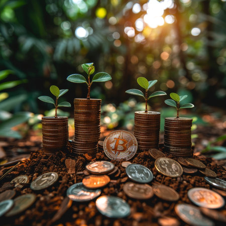 New plants are emerging from stacks of coins in a serene, green environment during sunset, symbolizing growth and prosperity in cryptocurrency investments among nature's beauty..の素材
