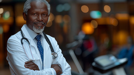 A senior physician with gray hair and a stethoscope around his neck stands with his arms crossed, exuding confidence. The hospital corridor buzzes with activity, showcasing a healthcare environment..の素材