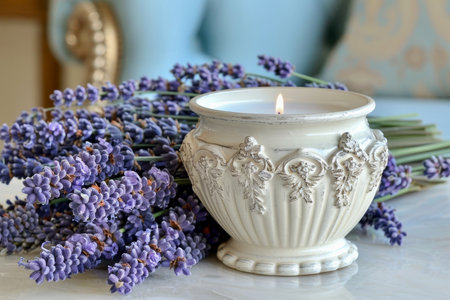 A lit candle rests in a beautifully designed holder next to a fresh lavender bouquet, creating a calming ambiance on a softly colored table..の素材