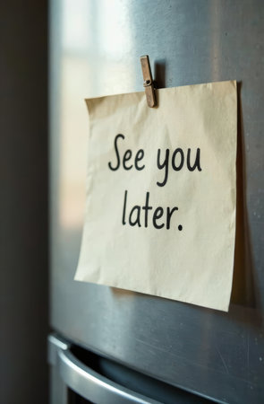 A simple note pinned to a refrigerator expresses a friendly farewell with the words See you later. The notes presence suggests anticipation of a future meeting or return..の素材