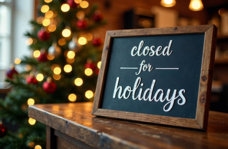 A wooden sign indicating the establishment is closed for holidays stands in front of a beautifully decorated Christmas tree with glowing lights. Red ornaments add to the festive mood..の素材