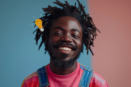 A joyful man with dreadlocks stands against a two-toned background, wearing a pink shirt and denim overalls. His radiant smile and playful energy convey a sense of creativity and happiness..の素材