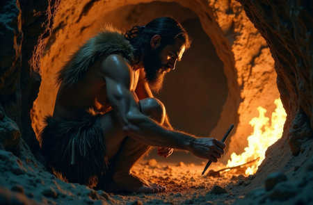 A muscular figure, dressed in fur, kneels in a dim cave, carefully chiseling a tool while a vibrant fire illuminates the surroundings, showcasing a scene from prehistoric human life..の素材
