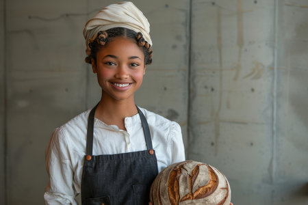 A young bakery apprentice smiles while proudly holding a loaf of artisanal bread. The modern kitchen features a concrete wall and rustic elements, creating a warm, welcoming atmosphere..の素材