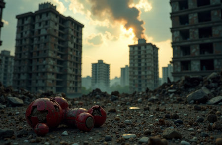 An abandoned cityscape showcases crumbling buildings and debris, with distant smoke rising against a cloudy sky. Scattered rubble and forgotten remnants highlight a scene of neglect and decay..の素材