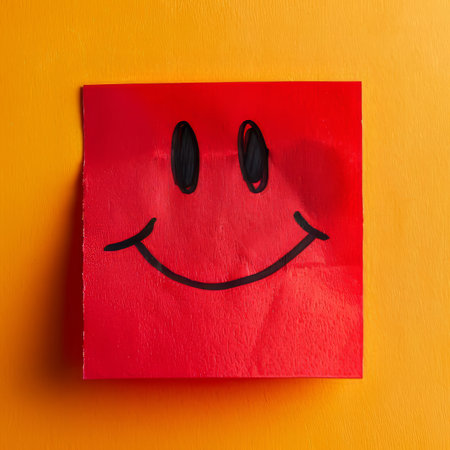 A red sticky note features a simple smiley face drawn in black, resting on a bright yellow surface. The cheerful design creates an uplifting and playful atmosphere..の素材