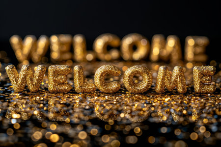 A sparkling welcome display made of golden letters on a reflective surface. The shimmering background enhances the cheerful ambiance, perfect for celebrations and gatherings..の素材