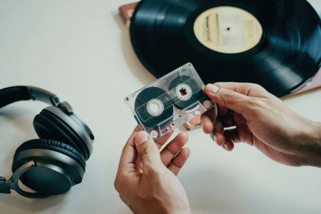 Hands hold a transparent cassette tape while a vinyl record and headphones lay nearby. The atmosphere evokes a sense of nostalgia and love for classic music styles..の素材