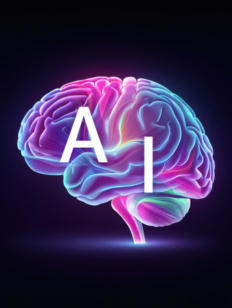 A colorful glowing brain representation merges technology with creativity symbolizing the rise of artificial intelligence in the modern world and its impact on society..の素材