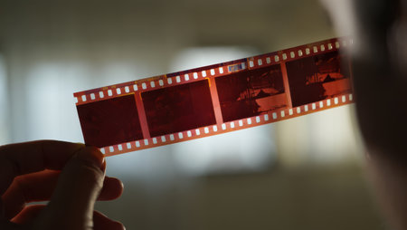 A hand holds a translucent film strip revealing faded images as warm sunlight streams through a window. The atmosphere is nostalgic evoking memories of the past captured on film..の素材