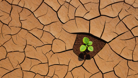 Amidst a parched landscape a vibrant green plant pushes its way through the dry cracked ground symbolizing resilience and the promise of new life in challenging conditions..の素材