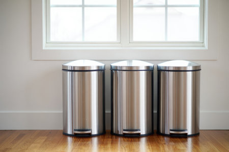Three sleek stainless steel trash bins stand aligned beside a large window allowing natural light to enhance the modern kitchen's aesthetic during midday..の素材