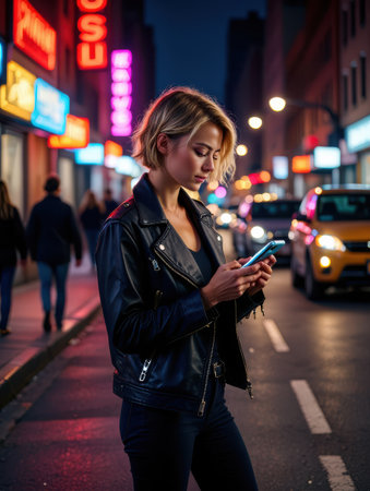 Under the vibrant neon lights of the city a woman in a leather jacket focuses on her phone while the urban nightlife buzzes around her. The atmosphere is electric and lively..の素材