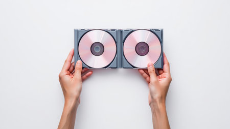 Two hands hold a dual disc case revealing shiny CDs inside. The clean minimalist background emphasizes the tactile connection to music's physical format celebrating nostalgia..の素材