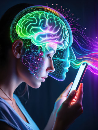 A woman gazes intently at her smartphone with a glowing representation of her brain depicted alongside her profile..の素材