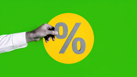 A hand holds a large yellow circle with a bold percentage symbol against a bright green backdrop. This visually striking display emphasizes financial themes and promotions..の素材