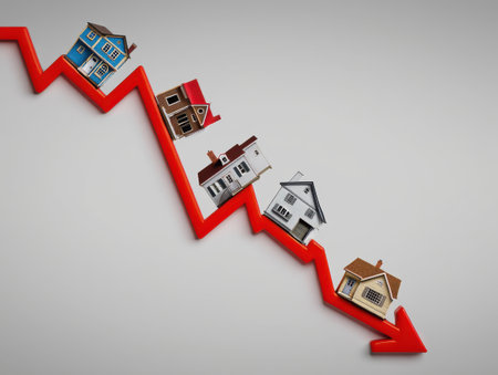 A bright red arrow symbolizes a downward trend as it showcases small houses along its path illustrating the current decline in the housing market highlighting economic challenges..の素材