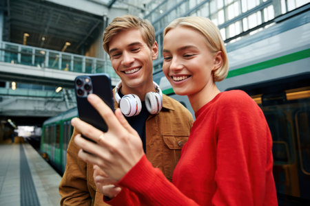 Two young adults stand close together at a train station smiling widely as they look at a phone screen. Their joyful expressions brighten the modern setting surrounded by green trains..の素材