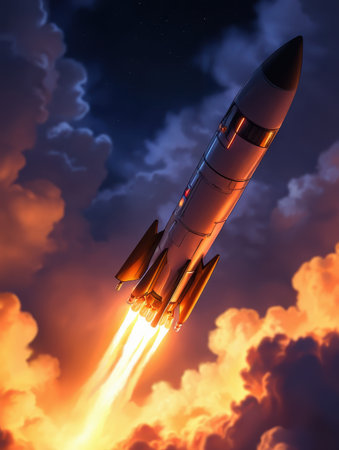 A powerful rocket ascends into the dark sky surrounded by billowing clouds and vibrant flames. Bright lights illuminate the scene as it ventures towards space in the evening..の素材